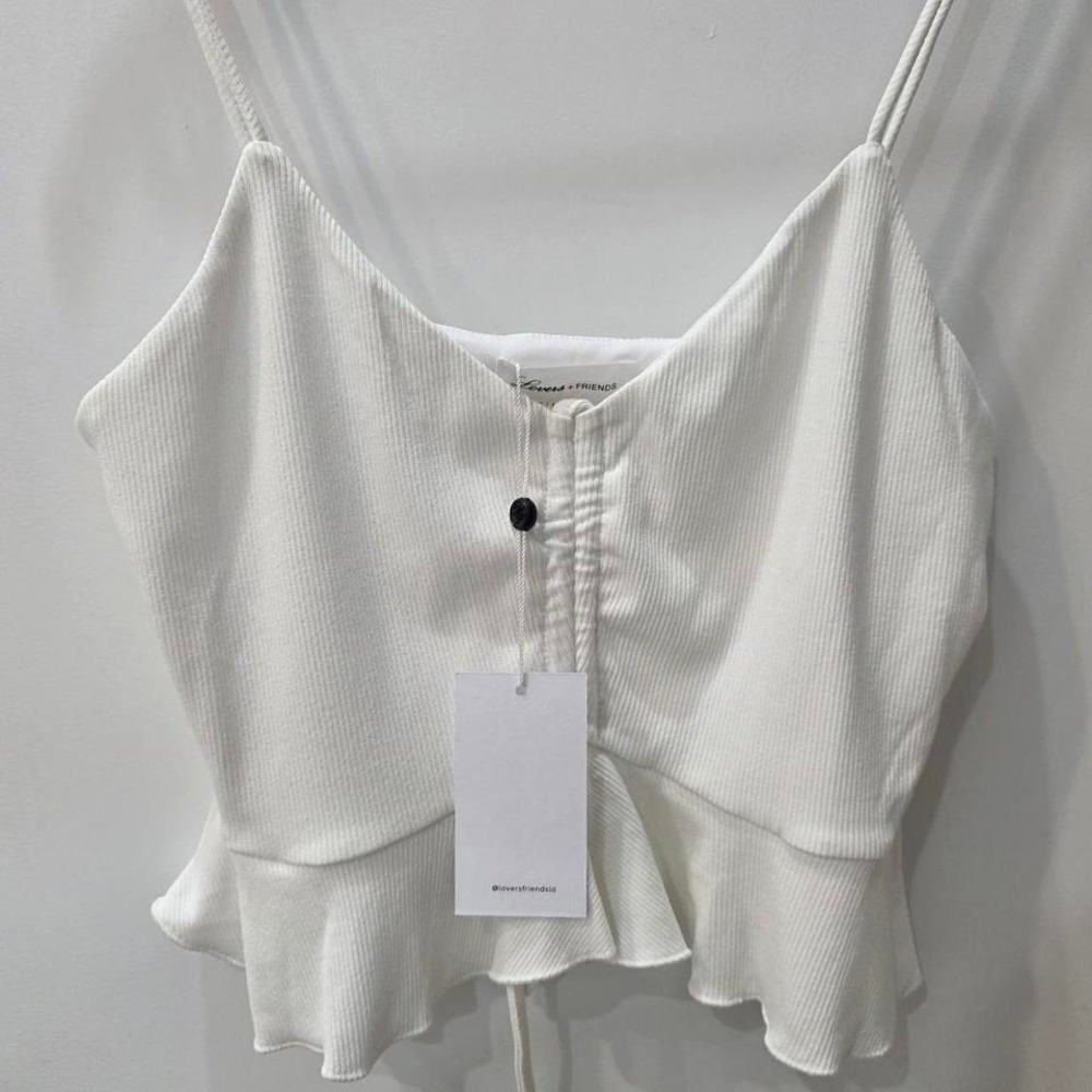 Lovers + Friends White Ribbed Peplum Camisole Top V-Neck Spaghetti Strap Small